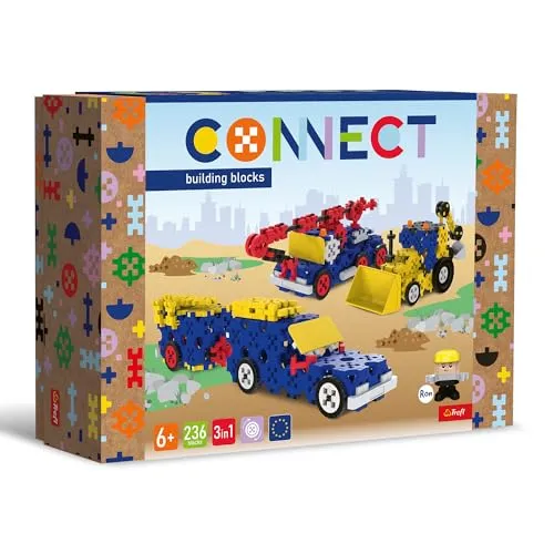 Connect Trefl Bausteine Set 3in1 - Baufahrzeuge und SUV mit Anhänger - Bauspielzeug & Konstruktionsspielzeug: Kreatives 3in1 Set mit 236 Elementen, fördert die Fantasie und manuelle Fähigkeiten für Kinder ab 6 Jahren.