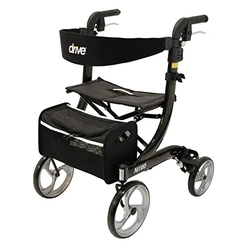 Drive Medical Rollator NITRO M Schwarz - Rollator für Indoor & Outdoor, mit extragroßen Lenkrädern, Einhand-Faltmechanismus und gepolsterter Rückenlehne für komfortable Mobilität.