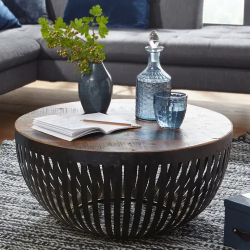 FineBuy Couchtisch 70 cm - Runder Sofatisch aus Holz und Metall - Eleganter Couchtisch mit einzigartigem Design, Holzplatte in hell und dunkel auf einem stabilen schwarzen Metallkorb. Ideal für stilvolle Wohnzimmer.