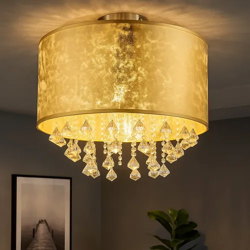 Kristall Deckenleuchte gold für Esszimmer und Wohnzimmer - Elegante Deckenlampe mit mattem Nickel und Blattgold-Design, 1x E27 LED für warmweißes Licht. Ideal für stilvolle Wohnräume, Durchmesser 30 cm, Höhe 31 cm.
