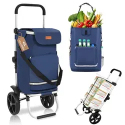 Sekey Premium Einkaufstrolley faltbar in Blau mit Spanngurt, Klappbarer Einkaufswagen inkl. Kühlfach & Getränkefach, 3-in-1 Trolley, Sackkarre & Umhängetasche, Ideal für Camping und Einkäufe