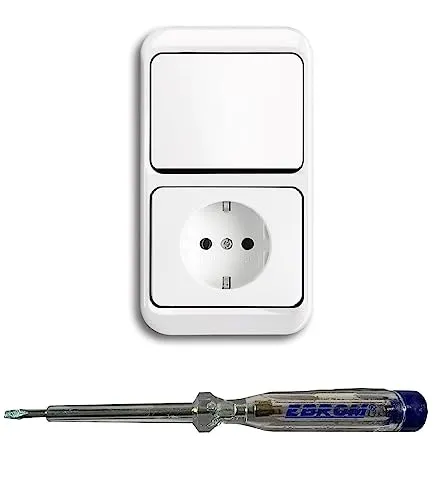 Busch Jäger Lichtschalter Wechselschalter AN/AUS 2000/6 US und Steckdose 20EUC-24G im 2-fach Rahmen in alpha studioweiß inklusive EBROM Phasenprüfer zur Montage der Geräte