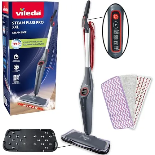 Vileda Dampfreiniger Steam Plus Pro XXL (180838) - Leistungsstarker Dampfreiniger für gründliche Reinigung, mit extra großem Wassertank für längere Einsatzzeiten und einfache Handhabung.
