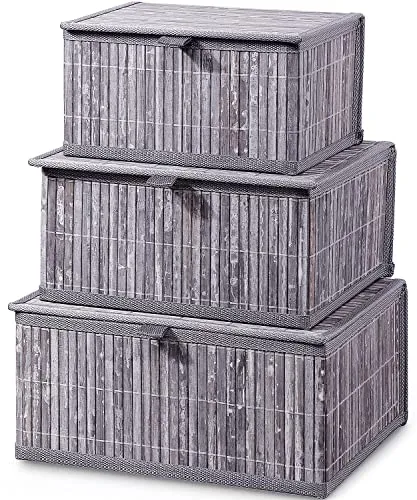 Honygebia Aufbewahrungsbox mit Deckel Grau – Bambus Deko Aufbewahrungskorb, 3er Set Rattan Korb mit Deckel Gewebtem Stoffeinsatz für Badezimmer Küche Regal Organisation (Groſz/Mittel/Klein)