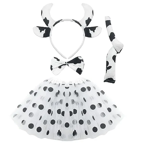 SKHAOVS Tierkostüm Kinder, Kuh-Cosplay-Set, Karneval Kostüm Kinder Tiere, Tierohren Stirnband+Fliege+Schwanz+Tutu, Halloween Kostüm Faschingskostüme Zubehör für Fasching Cosplay Party (Weiss)