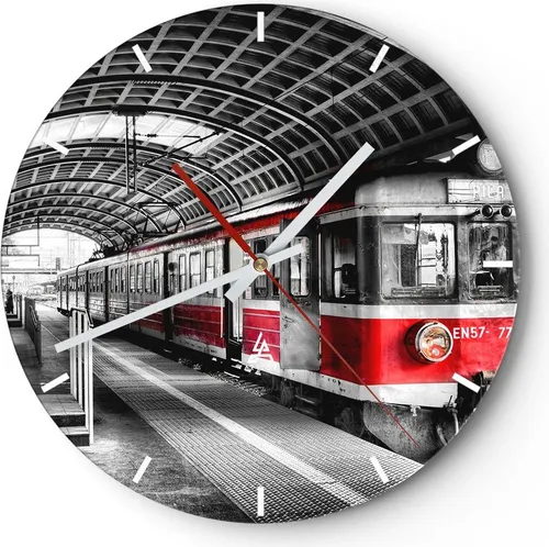 Wanduhr - Rund - Glasuhr - Bahn Bahnhof Zug Transport - 30x30cm - Schleichendes Uhrwerk - Lautlos - zum Aufhängen bereit - Dekoration Modern - Wanddekoration aus Glas - C3AR30x30-2558