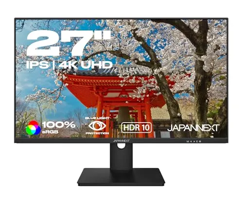 JAPANNEXT Monitor 27 Zoll IPS 4K UHD (3840x2160) | HDR | Höhen & Neigungsverstellbar (HSP) Integrierte Lautsprecher VESA-kompatibel | Flicker-Free G-Sync/FreeSync | 2 Jahre Garantie | JN-IPS2707UHDR