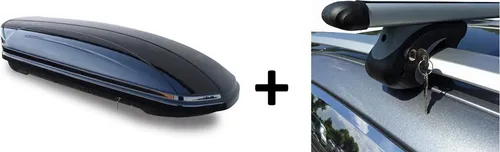 Skibox Dachbox schwarz VDP-MAA460G großer Dachkoffer kompatibel mit Ski 460 Liter abschließbar + Alu-Relingträger Dachgepäckträger für VW Golf Plus 05-14