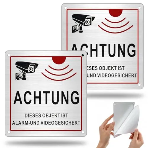 Aurinovellia 2 Stück Achtung Videoüberwachung Schild Metallschild 15x15 cm | Aluminium Schild Videoüberwachung Privatgrundstück, mit Selbstklebend und 4 Bohrlöcher, für Innen und Außen
