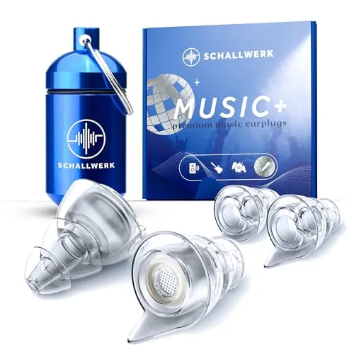 Schallwerk Gehörschutzstöpsel Music+ - Effektiver Gehörschutz in Blau-Transparent, ideal für Musikliebhaber, die Lärm reduzieren möchten, ohne den Klang zu verlieren.