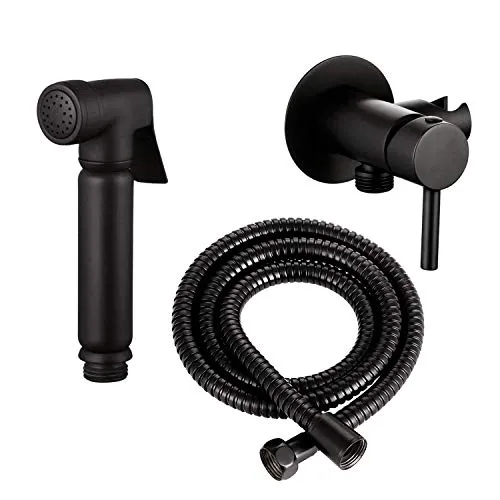 Design WC/Bidet Handbrause Komplettset in Schwarz Matt - Badewannen- & Duschsysteme: Hochwertige Handbrause aus Vollmessing mit langlebiger Markenkartusche, inklusive Mischerarmatur und 1,2m Schlauch für modernes Badezimmer-Design.