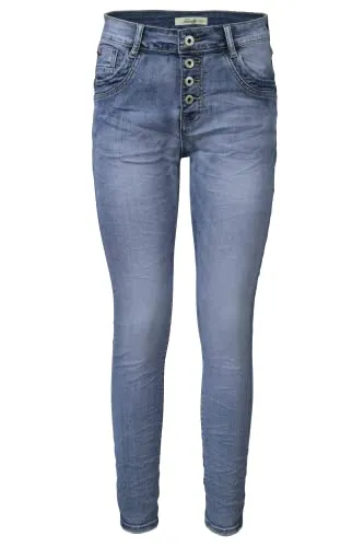 Jewelly Damen Stretch Jeans Boyfriend-Cut - Bequeme Five-Pocket-Jeans in Blau (XS/34) - Stylische Five-Pocket-Jeans im Boyfriend-Cut mit lässiger Washed-Optik. Ideal für den Alltag, bietet diese bequeme Stretch-Jeans einen perfekten Sitz und hohen Tragekomfort.