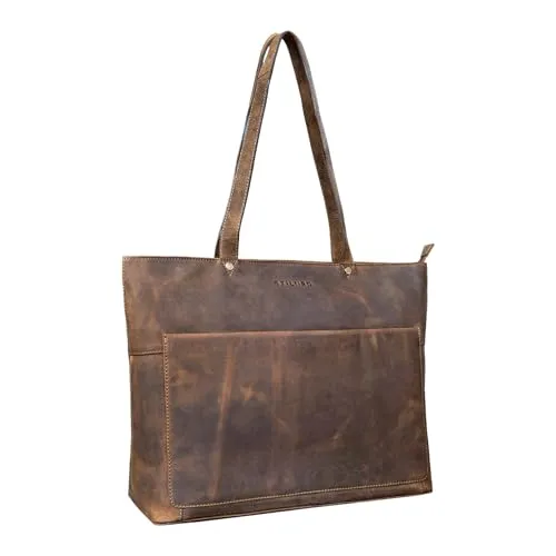 STILORD 'Astrid' Shopper Handtasche Leder Damen Schultertasche Vintage Ledertasche mit Laptopfach Elegante Businesstasche Aktentasche für Frauen Echtleder, Farbe:mittel - braun