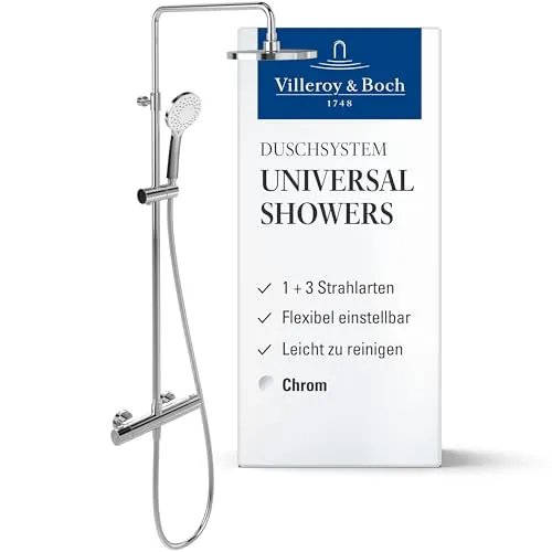 Villeroy & Boch Universal Showers Duschsystem – Regendusche mit Thermostat und Handbrause – 3 Strahlarten – Flexibler Handbrausehalter – Pflegeleichtes, leicht montierbares Duschsystem – Chrom