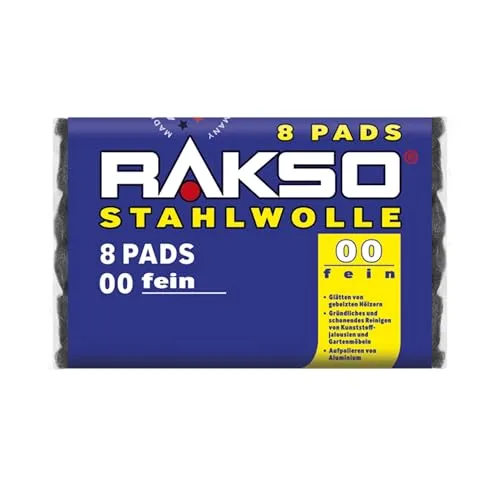 RAKSO Stahlwolle fein 00-8 Pads - Eisenwaren: Ideal für die Reinigung und das Polieren empfindlicher Oberflächen wie Holz, Glas und Aluminium. Hoch reißfest, elastisch und kratzfrei - perfekte Ergebnisse für Heimwerker und Handwerker.