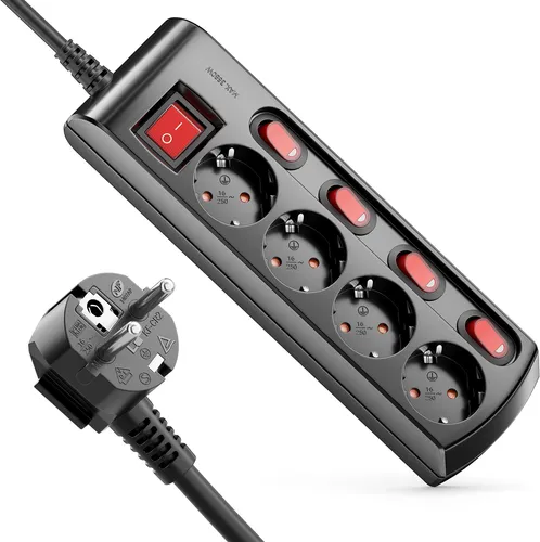 deleyCON 4 Fach Steckdosenleiste Einzeln Schaltbar 1,4m Kabel (4x Ein/Aus Schalter und 1x Hauptschalter) Strom Stromleiste Mehrfachsteckdose mit Kindersicherung - Schwarz