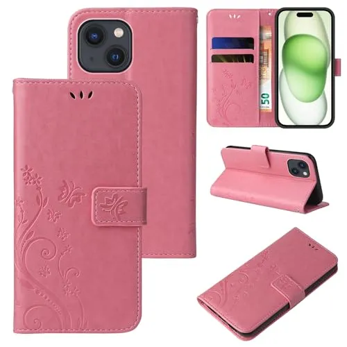 LBH Handy Hülle für Apple iPhone 15 Case Handytasche Schmetterling Blumen Flower Standfunktion Schutzhülle Magnet Rundum Schutz 360 Grad Flipcase Cover Rosegold