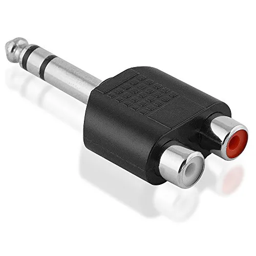 BestPlug Y Audio RCA Aux in Out Adapter Verteiler Splitter Weiche, 2 L-R Cinch Buchse Kupplung weiblich auf 1 6,3mm Stereo Klinke Stecker männlich, Schwarz