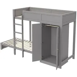 Etagenbett,Kinderbett(Grau)Hochbett,mit vertikaler Sicherheitstreppe,Kleiderschrank,hohes Zaundesign,Lattenrost - Grau