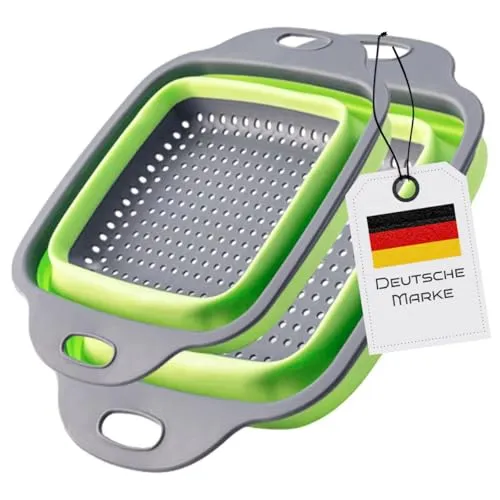 Faltbarer Seiher Sieb, Küche Silikon Klappbar Abtropfsieb Nudelsieb Set, Küchensieb Abwaschschüssel von Nudeln, Obst, Gemüse, 2 Größe (24.5+29.2cm) (Grün Rechteckig)