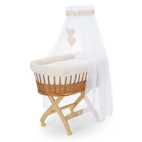 FabiMax Stubenwagen Natur Komplettset mit Matratze, Musselin-Schlafsack oder Bettwäsche, Himmel & Weidenkorb (Decke/Kissen, Creme)