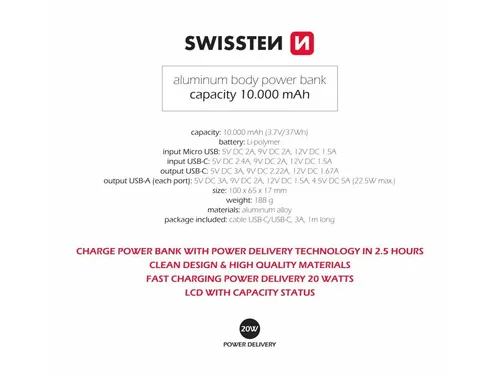 SWISSTEN ALUMINUM POWER BANK 10000 mAh 20W POWER DELIVERY GREY