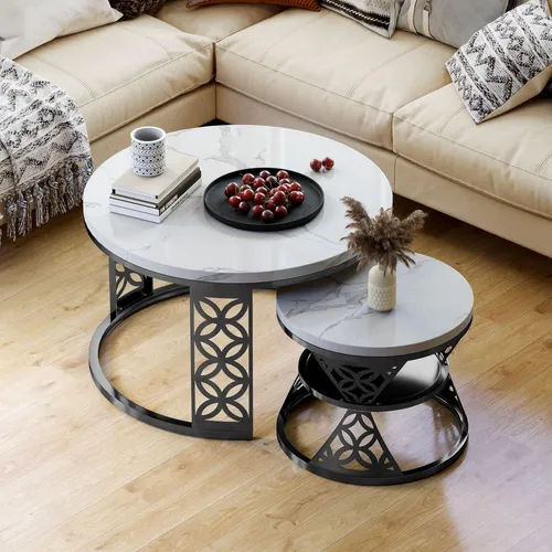 okwish Couchtisch-Set 2-teilig rund in Marmor Optik