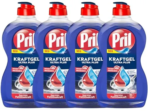 PRIL Kraft Gel Ultra Plus (4x 450 ml), Handgeschirrspülmittel mit höchster Fettlösekraft, für sauberes Geschirr auch in kaltem Wasser, entfernt selbst 48 h Eingetrocknetes