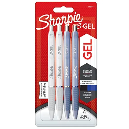 Sharpie S-Gel Gelstifte | mittlere Spitze (0,7 mm) | Schäfte in Eisblau und Perlweiß | schwarze und blaue Tinte | 4 Stück
