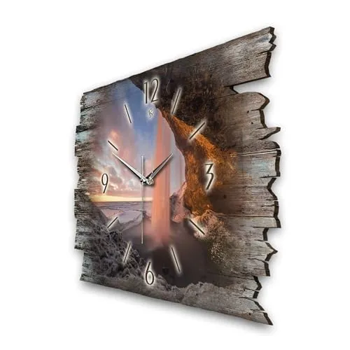Kreative Feder Designer Wanduhr „Wasserfall“ aus Holz 40x27cm im Shabby Style Design - Designeruhr mit flüsterleisem Uhrwerk ohne Ticken (Wasserfall, leises Funkuhrwerk)