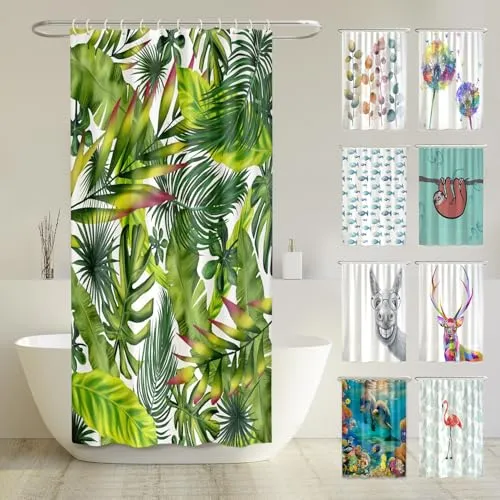 arteneur® Dschungel Blätter Duschvorhang 120x200 - Bunter Duschvorhang mit hochwertigem Digitaldruck aus 100% recyceltem Polyester. Hygienisch, pflegeleicht und mit beschichtetem Saum für mehr Stabilität. Inklusive Duschvorhang-Ringen und E-Book mit Reinigungstipps.