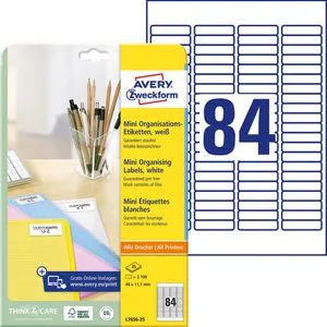 Avery Zweckform L7656-25 Etiketten weiß 46x11.1mm - Diverse E - Selbstklebende, bedruckbare Etiketten in A4-Größe, ideal für Kopierer und Drucker. Mit 2100 Stück perfekt für Organisation und Beschriftung!