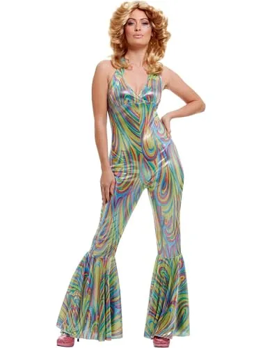 Smiffys Dancing Queen Kostüm, Mehrfarbig, Nackenträger-Catsuit - 70er Jahre Damenkostüm für Karneval und Themenpartys, inklusive bequemem Nackenträger-Catsuit für einfaches An- und Ausziehen. Ideal für unvergessliche Auftritte!