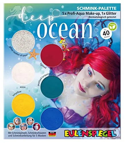 Eulenspiegel 207017 - Schmink-Palette Deep Ocean, Anleitung für 5 Meeres Masken, Kinderschminke, Faschingsschminke