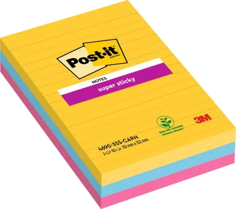 Post-it Super Sticky Notes im Großformat XXL, Liniert, 3 Blöcke, 101 mm x 152 mm, 90 Blatt pro Block - Selbstklebende Notizzettel für Notizen, To-Do-Listen und Erinnerungen