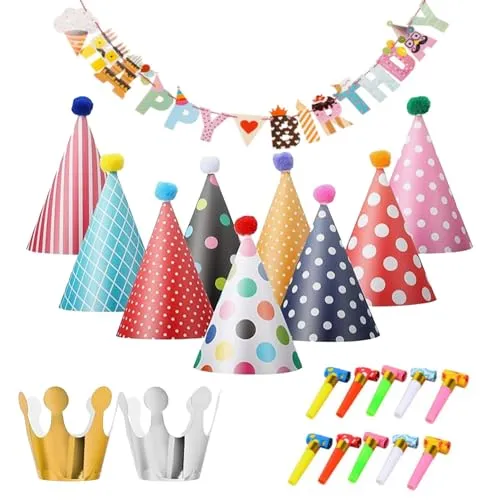 QSZHSL 22 Stück Partyhüte Geburtstag Set, Papier Krone Hut Party Kegel Hüte Kindergeburtstag Tröte, Party Hüte zum Geburtstag mit Pompons, Für Familienfeiern Für Kinder und Erwachsene (22 Stück)