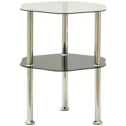 furnicato Couchtisch Beistelltisch mit 2 Ablagen Transparent 38x38x50 cm Hartglas (1-St), Stabiler Couchtisch mit Edelstahlrohren und sechseckigem Design schwarz|weiß Hexagonal | 38 cm x 50 cm x 38 cm