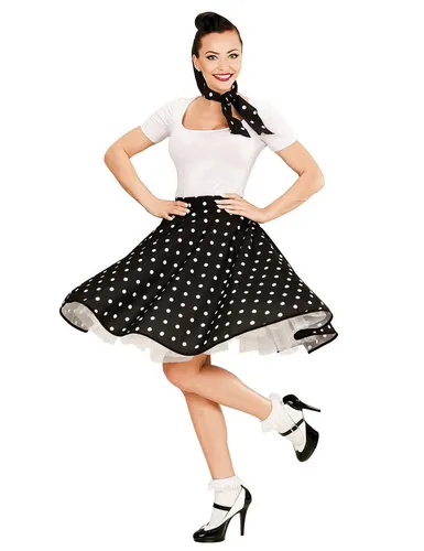 Fiestas Guirca 50er-Damenkostüm - Kostüm für 50er-Jahre-Partys, bestehend aus einem schwarzen Rock mit weißen Punkten und einem vielseitigen Kopftuch, ideal für einen authentischen Retro-Look.
