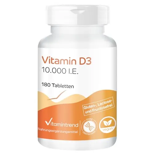 Vitamintrend Vitamin D3 10000 I.E., 180 Tabletten, hochdosiert, Sonnenvitamin Cholecalciferol, Nahrungsergänzungsmittel ohne Magnesiumstearat, in Deutschland hergestellt