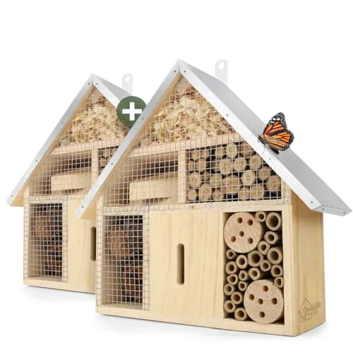WILDLIFE HOME Insektenhotel 2 Stück I Naturbelassen & Wetterfest, Insektenhaus aus Naturholz für Bienen, Wildbienen, Marienkäfer & Schmetterlinge, Bienenhotel & Nisthilfe zum Aufhängen, 2er Set
