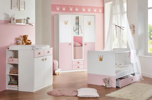möbel-direkt.de Babyzimmer-Komplettset Cindy, 7-tlg., Made in Germany - Komplettzimmer für Ihr Prinzessinnenzimmer, inklusive Soft-Close-Funktion und umbaubarem Kinderbett. Ideal für eine stilvolle und funktionale Einrichtung.