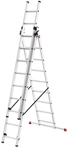 HAILO HobbyStep combi Vielzweckleiter, rot - 3-teilige Aluminium Kombileiter mit Einhängetritt für höheren Stehkomfort. Vielseitig als Anlege-, Schiebe- und Bockleiter einsetzbar. Belastbar bis 150 kg, ideal für Innen- und Außeneinsatz.