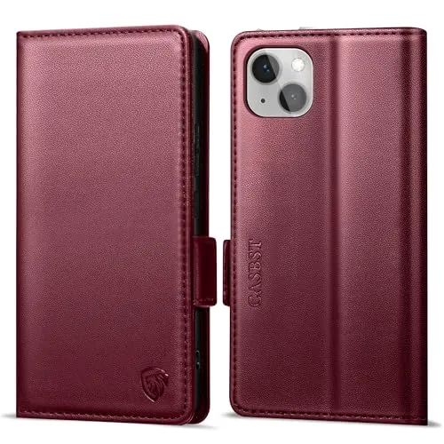CASBST Handyhülle für iPhone 14 Hülle Premium Leder Schutzhülle Klappbar mit Kartenfach Ständer Magnet für iPhone 14 Handytasche mit RFID Kameraschutz Flip Case Klapphülle für iPhone 14 Weinrot