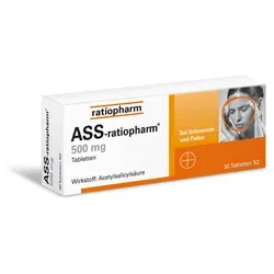 ASS ratiopharm 500mg - Schmerzmittel - Arzneimittel zur Linderung von leichten bis mäßig starken Schmerzen und Fieber. Mit 500 mg Acetylsalicylsäure für effektive Schmerz- und Entzündungshemmung.