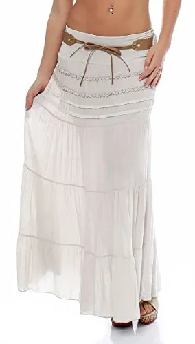 Malito – Rock Damen bodenlang aus Baumwolle mit elegantem Strickmuster & Kunstleder Gürtel – Maxi Rock lang mit breitem Bund – Luftiger Sommerrock 1116 (Beige 34-40)