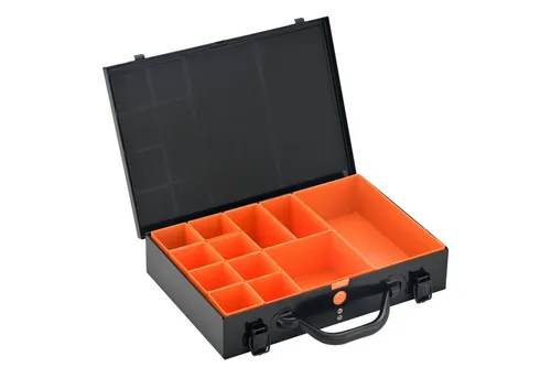 ALUBOX Sortimentskasten Stahlblechkoffer Metall schwarz (12 St) - Ordnungsboxen mit individueller Fächereinteilung, ideal für sicheren Transport und Aufbewahrung von Werkzeugen oder Kleinteilen, inklusive innenliegendem Schaumstoff für zusätzlichen Schutz.