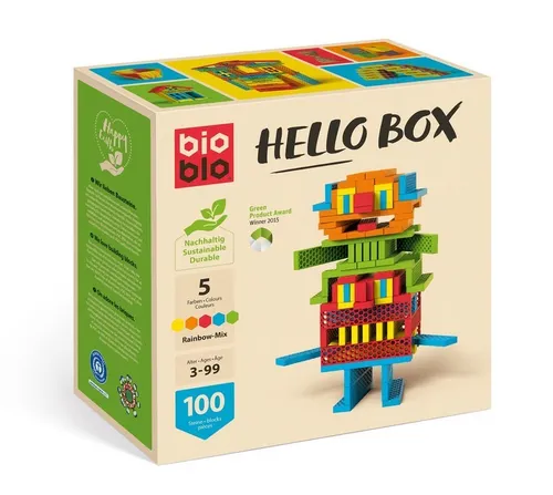 bioblo Nachhaltige Holzklötze Hello Box Rainbow - 100 Stück Steinbaukasten für kreative Kinder, umweltfreundlich und pädagogisch wertvoll