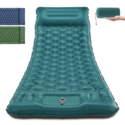 Isomatte Camping, 83cm Extra Breite mit Fußpumpe & Kissen - Entspannen Sie bequem auf unserer 83cm breiten Isomatte mit 12cm Dicke und integriertem Kissen. Ideal für Outdoor-Aktivitäten, schnell aufgeblasen und leicht zu transportieren – perfekt für Camping und Strand.