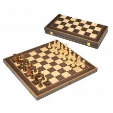 Reiseschach mini Royal - Kompaktes Schachspiel für unterwegs - Gesellschaftsspiel mit 30 mm Feldern, verzierten, gewogenen Figuren aus Ahorn und Nussbaum. Ideal für Schachliebhaber auf Reisen.