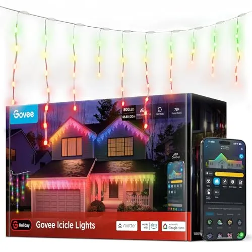 Govee Eiszapfen Lichterkette 20M, Intelligente RGBIC Lichtervorhang mit 800 LEDs Lichterkette außen, Wasserdicht nach IP67, 78+ Szenenmodi, Musik sync, Kompatibel mit Alexa & Google Assistant